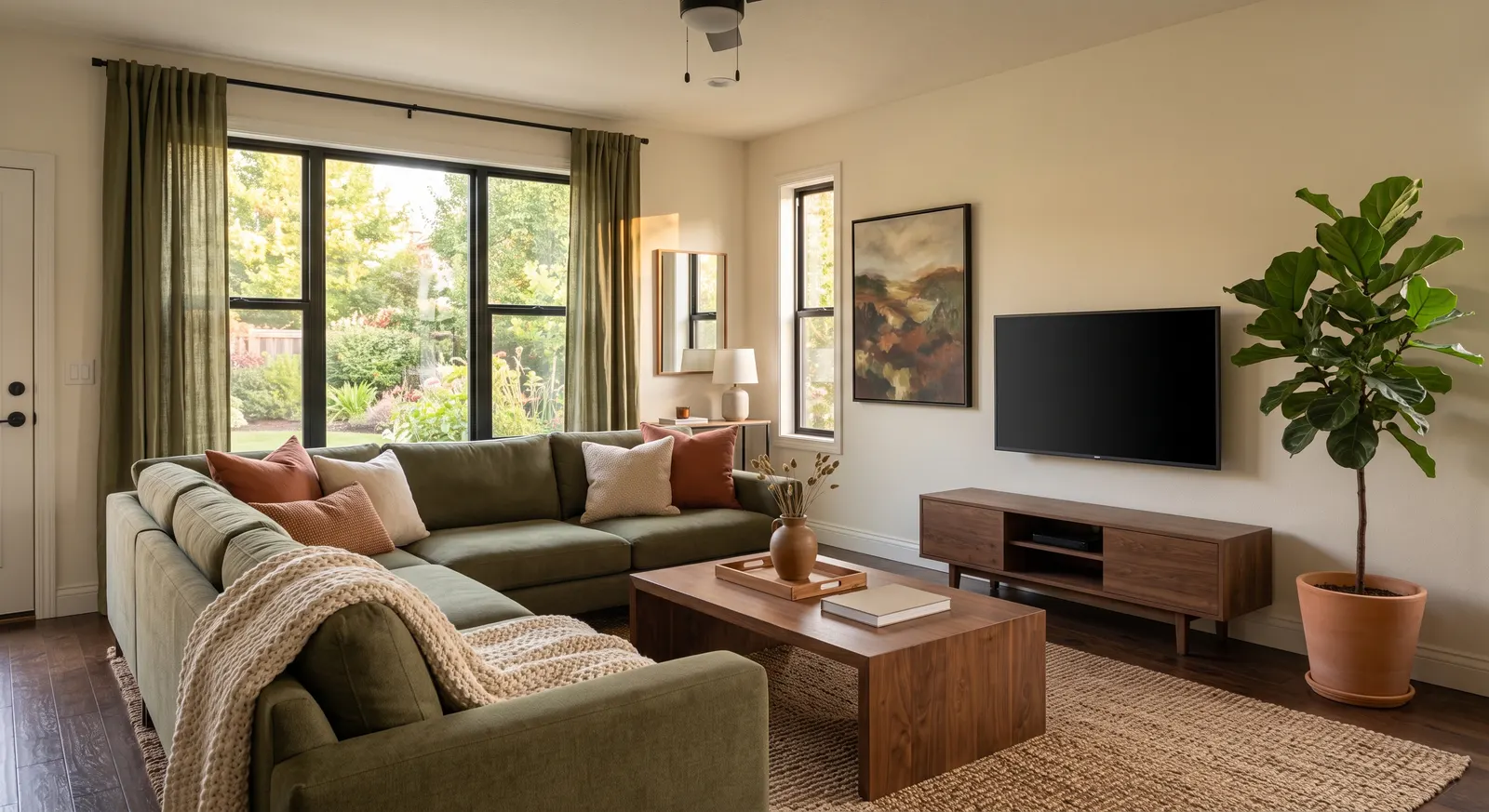 A living room after cleaning, with the sofa and coffee table clear and the floor vacuumed