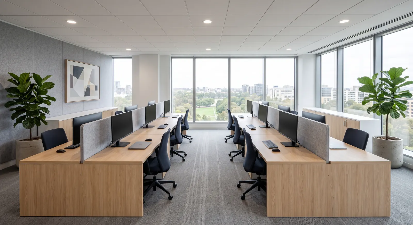 An open plan office with rows of desks, cleaned before the workday starts