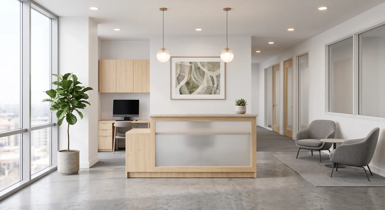 The reception area of a small office, front desk clear and the floor clean